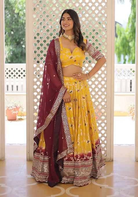 Yellow 2D Dyeing Sequin Embroidered Pure Dyeable Viscose Jacquard Lehenga Set