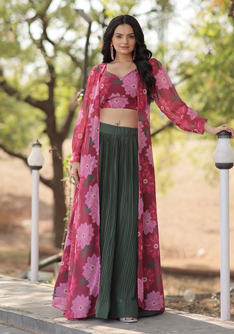 Green Crush Pleating Faux Georgette Lehenga Set