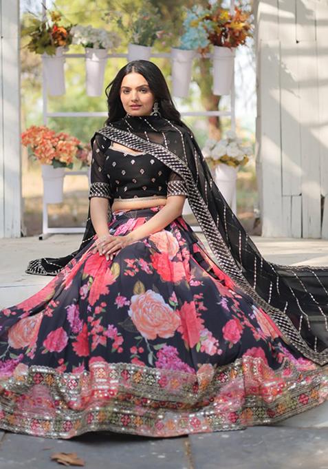 Black Sequin Thread Embroidered Digital Print Faux Georgette Lehenga Set