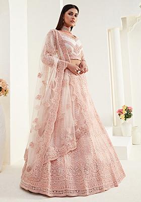 Peach Thread Embroidered Net Lehenga Set