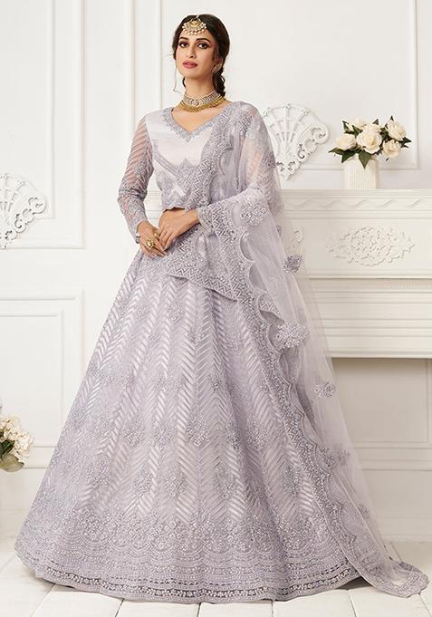 Light Lavender Thread Embroidered Net Lehenga Set