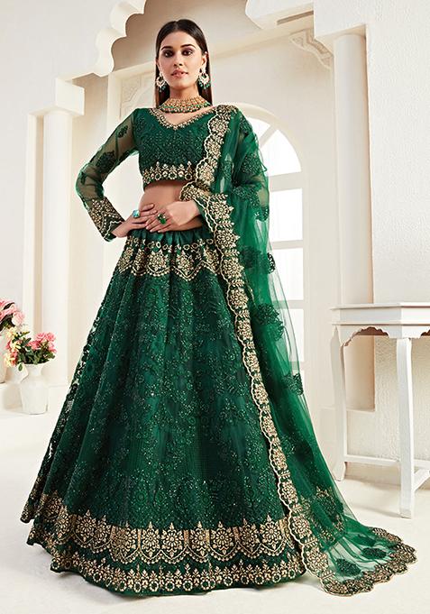 Emerald Green Thread Embroidered Net Lehenga Set