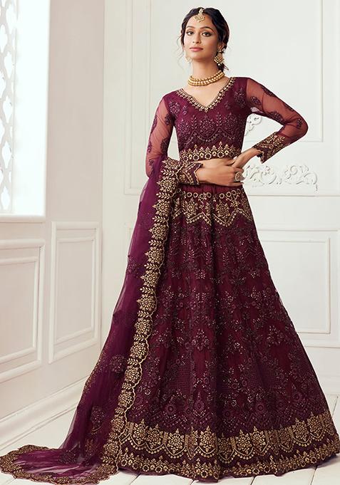 Dark Wine Thread Embroidered Net Lehenga Set