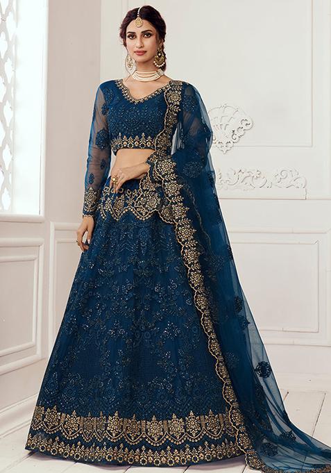 Persian Blue Thread Embroidered Net Lehenga Set