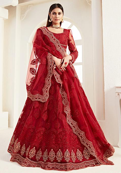 Deep Red Thread Embroidered Net Lehenga Set