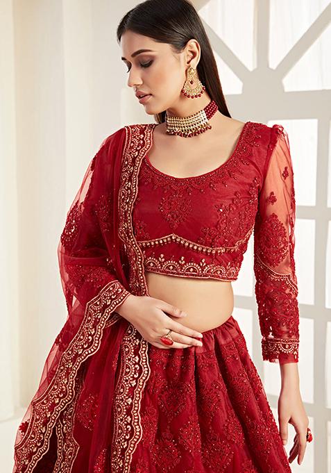 Buy Women Deep Red Thread Embroidered Net Lehenga Set - XLH03647 ...