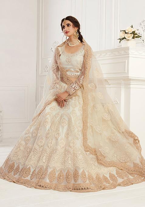 Ivory Thread Embroidered Net Lehenga Set