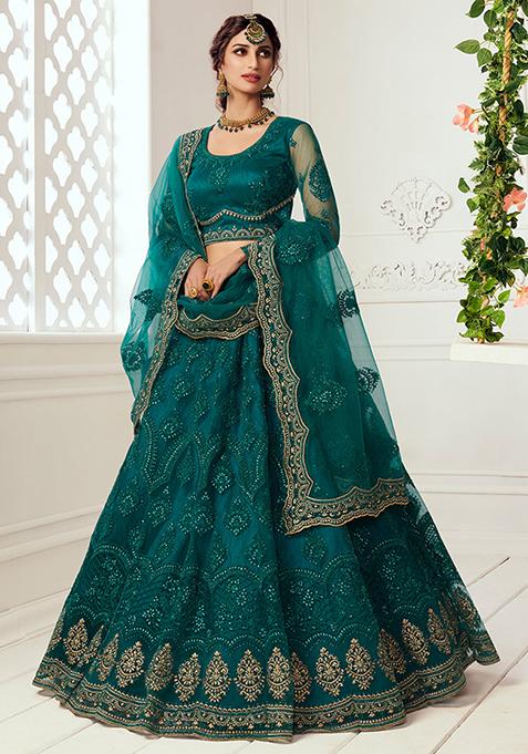 Teal Green Thread Embroidered Net Lehenga Set