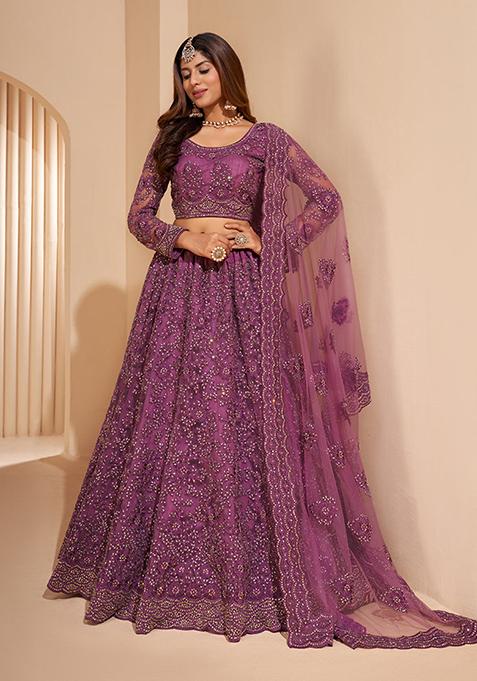 Dark Orchid Thread Embroidered Net Lehenga Set