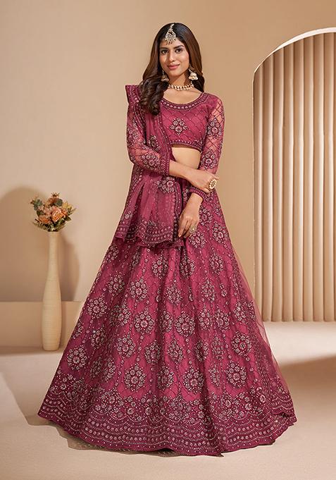 Mauve Thread Embroidered Net Lehenga Set