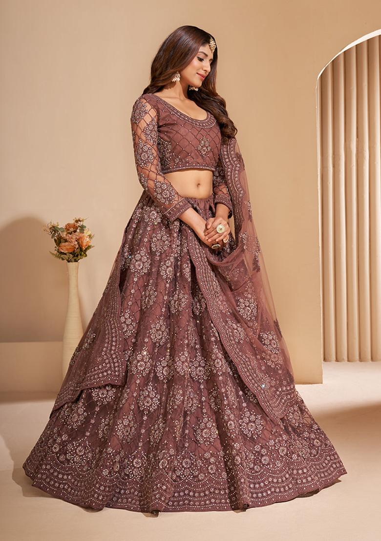 Brown Thread Embroidered Net Lehenga Set - Indya