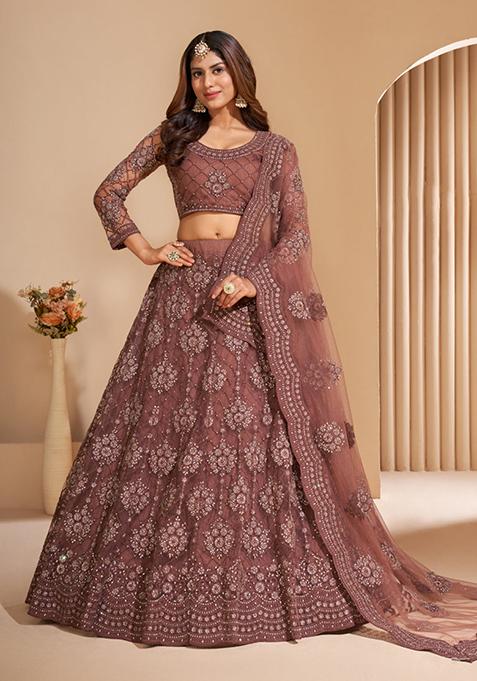 Brown Thread Embroidered Net Lehenga Set