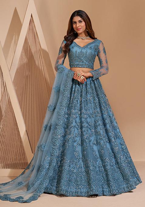 Sea Blue Thread Embroidered Net Lehenga Set