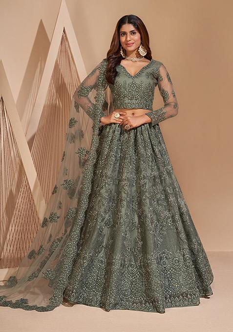 Smokey Green Thread Embroidered Net Lehenga Set