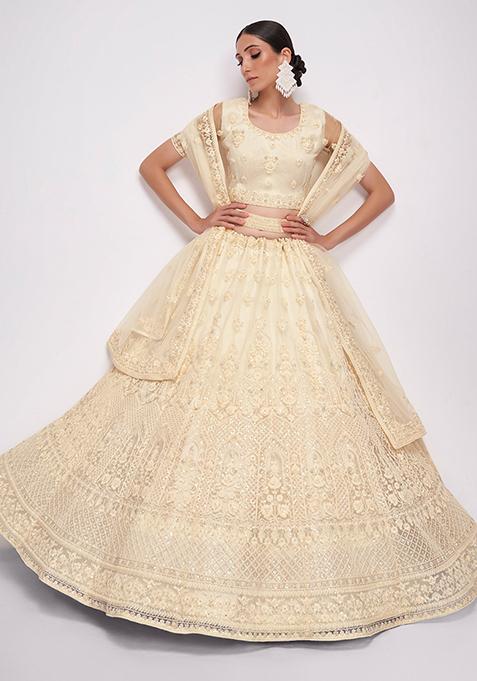 Off White Sequin Embroidered Net Lehenga Set