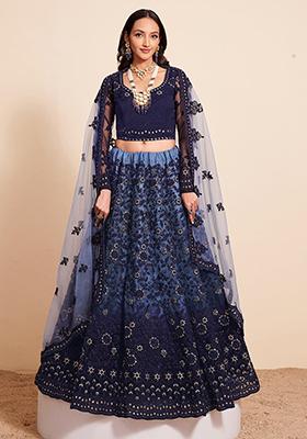Blue Stone Thread Embellished Net Lehenga Set