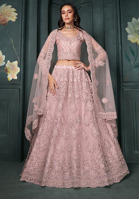 Dusty Pink Thread Embroidered Net Lehenga Set