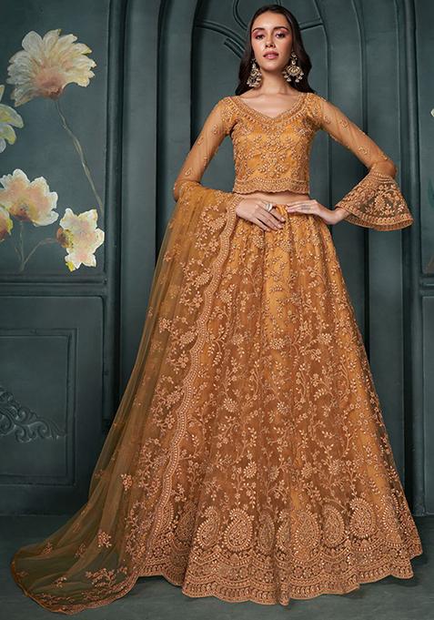 Orange Thread Embroidered Net Lehenga Set