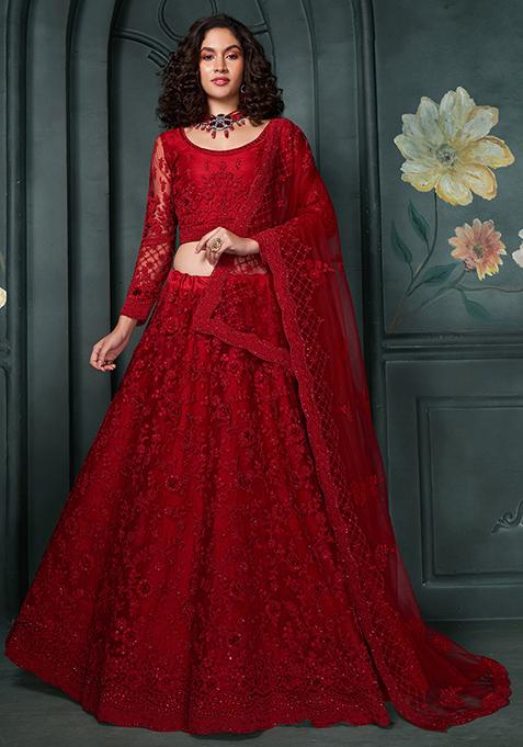 Red Thread Embroidered Net Lehenga Set