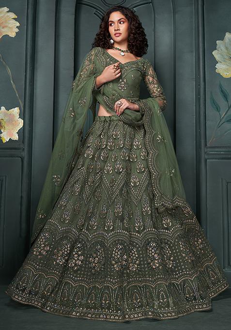 Mehendi Green Thread Embroidered Net Lehenga Set