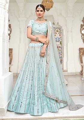 Power Blue Real Mirror Work Silk Lehenga Set
