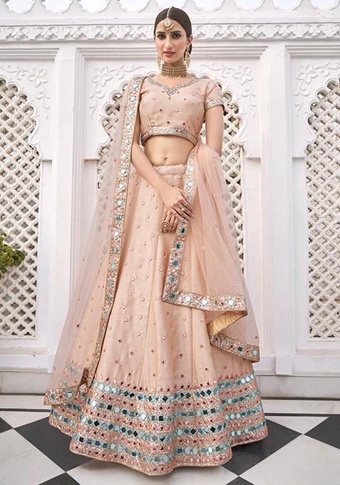 Peach Real Mirror Work Silk Lehenga Set