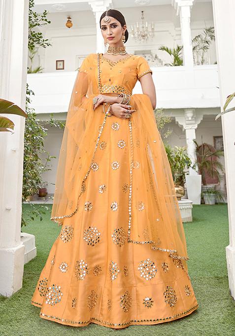 Haldi Yellow Real Mirror Work Silk Lehenga Set