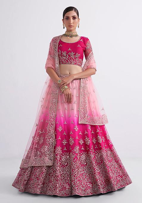 Pink Sequin Thread Embroidered Net Lehenga Set