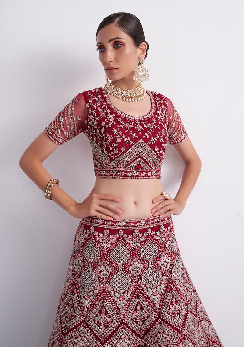 Maroon Sequin Thread Embroidered Net Lehenga Set - Indya