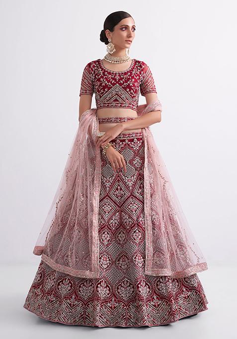 Maroon Sequin Thread Embroidered Net Lehenga Set