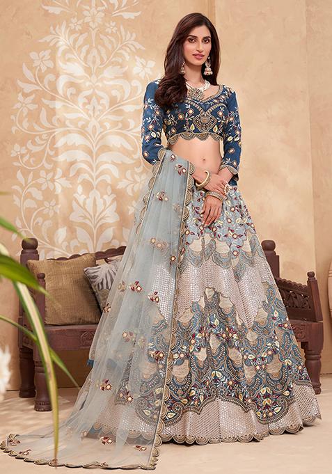 Teal Blue Sequin Thread Zari Embroidered Net Lehenga Set