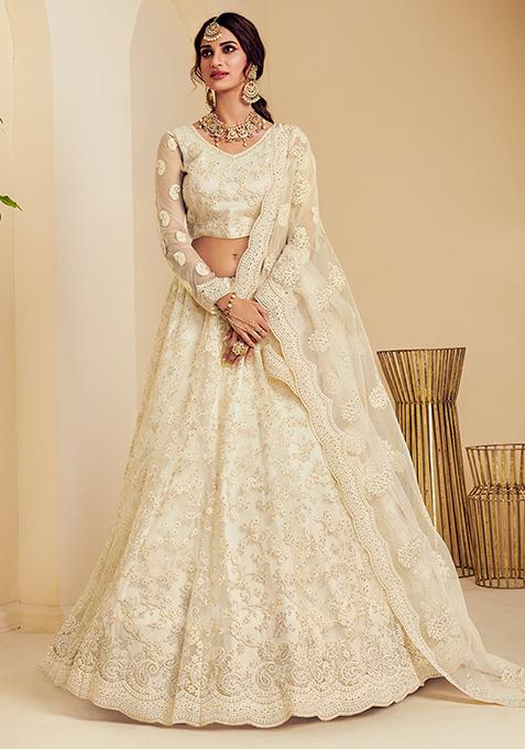 Ivory Thread Embroidered Net Lehenga Set