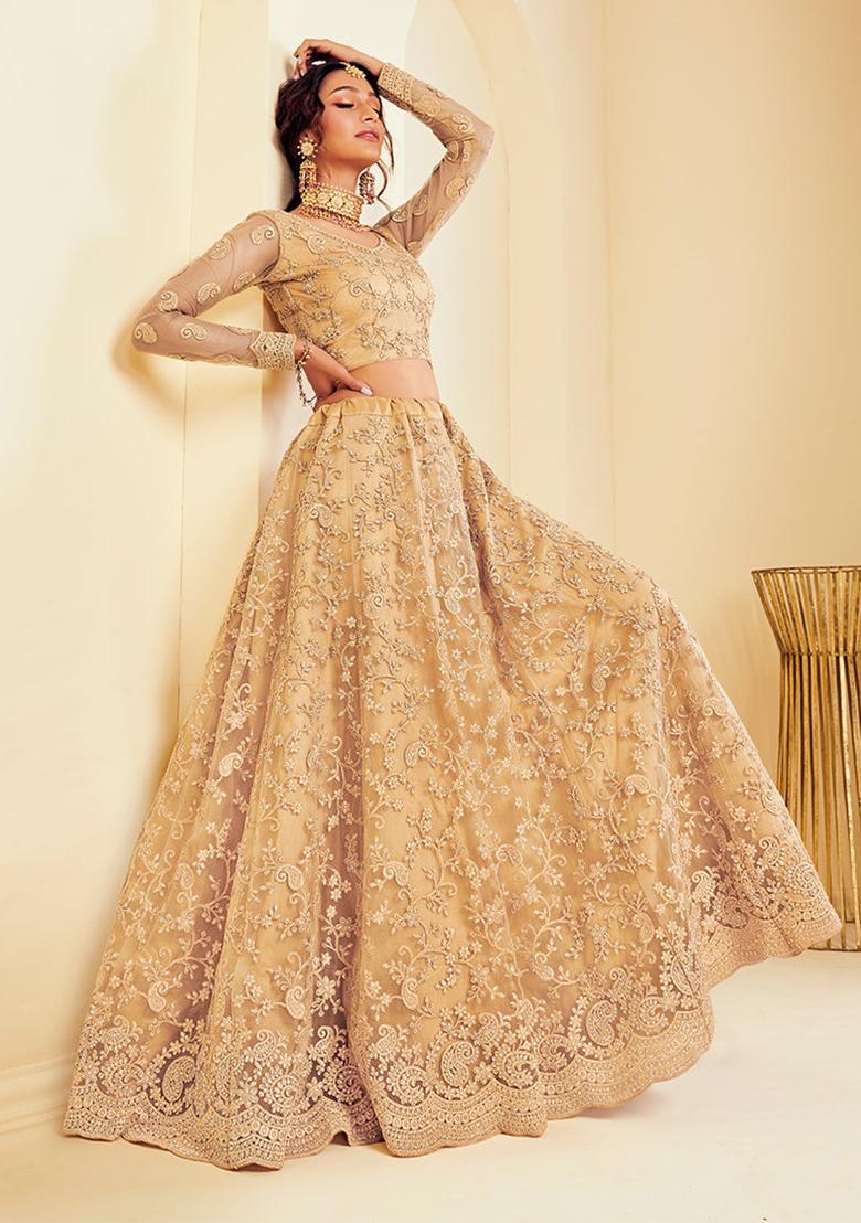 Gold Thread Embroidered Net Lehenga Set - Indya