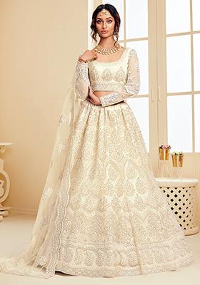 Off White Thread Embroidered Net Lehenga Set