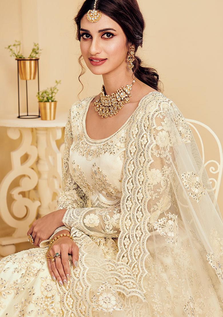 Off White Thread Embroidered Net Lehenga Set - Indya