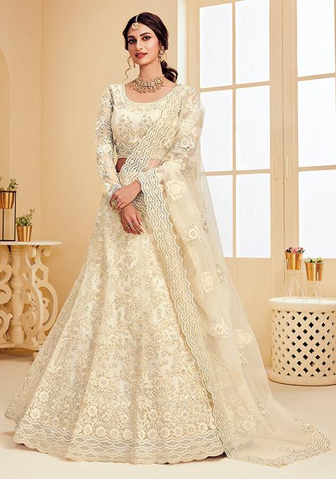 Off White Thread Embroidered Net Lehenga Set