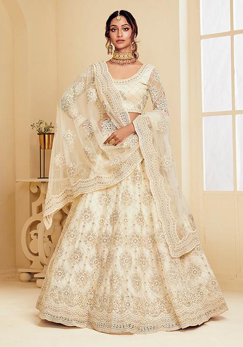 Off White Thread Embroidered Net Lehenga Set