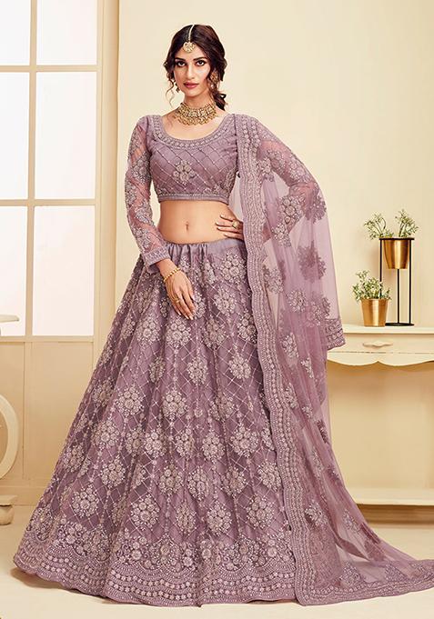 Violet Thread Embroidered Net Lehenga Set