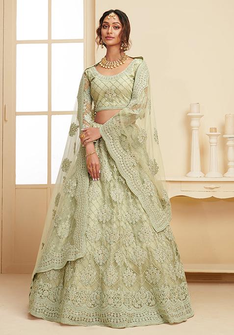 Light Green Thread Embroidered Net Lehenga Set