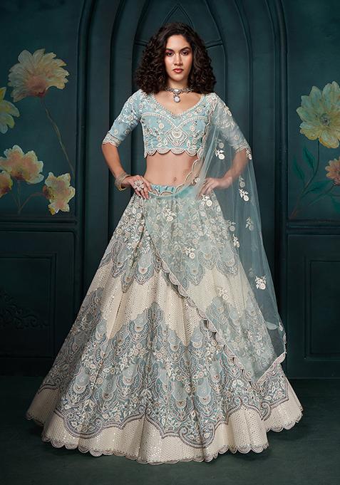 Firozi Sequin Thread Embroidered Georgette Lehenga Set