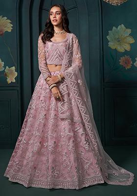 Dusty Pink Sequin Thread Embroidered Net Lehenga Set