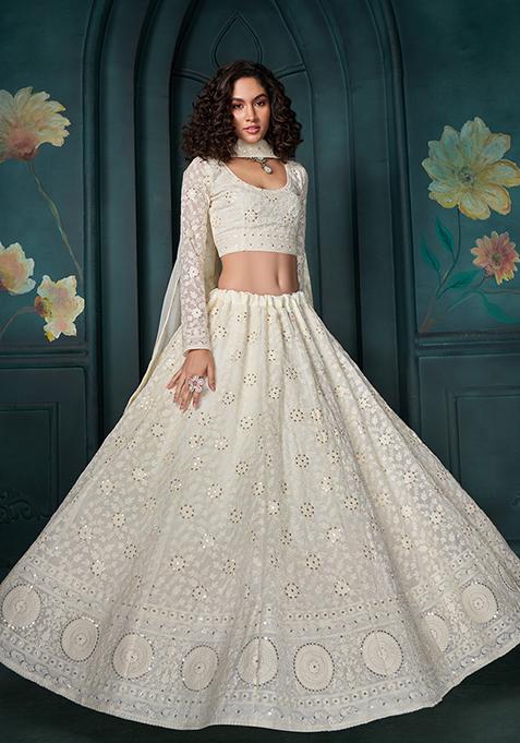 Off White Sequin Thread Embroidered Georgette Lehenga Set