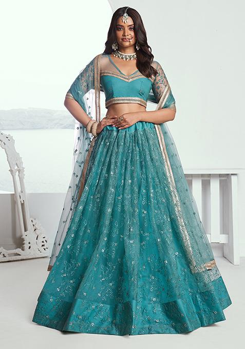 Rama Green Thread Zari Embroidered Net Lehenga Set