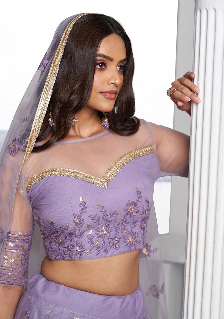 Lavender Thread Zari Embroidered Net Lehenga Set - Indya
