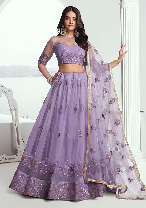 Lavender Thread Zari Embroidered Net Lehenga Set