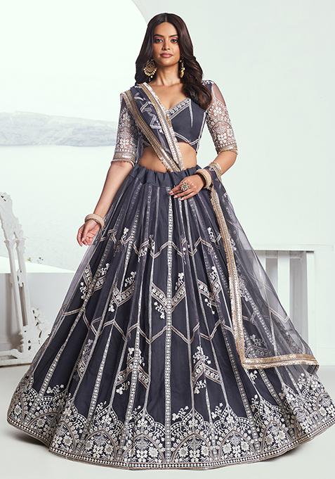 Dark Grey Thread Zari Embroidered Net Lehenga Set