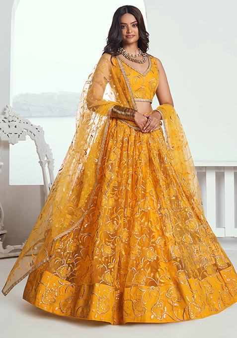 Yellow Thread Zari Embroidered Net Lehenga Set