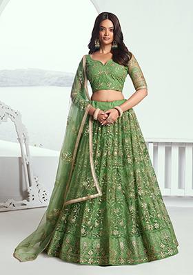 Pista Green Thread Zari Embroidered Net Lehenga Set