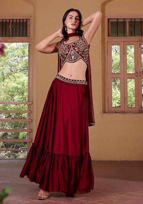 Maroon Thread Mirror Embellished Rangoli Georgette Lehenga Set