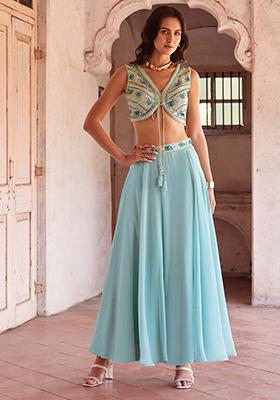 Greyish Blue Thread Mirror Embellished Georgette Lehenga Set